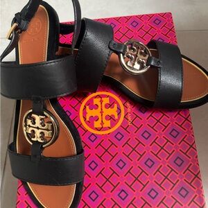 Tory Burch Metal Miller Two Band Black Sandals